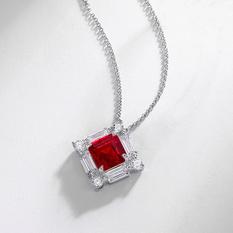 Hot Sale S925 Sterling Silver Geometric Pendant Necklace for Women Red Gem Inlaid Cultivated Stone Personalized Light Luxury