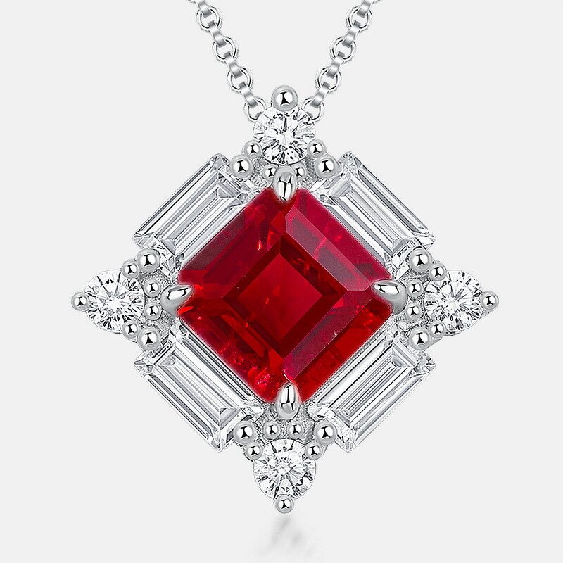 Hot Sale S925 Sterling Silver Geometric Pendant Necklace for Women Red Gem Inlaid Cultivated Stone Personalized Light Luxury