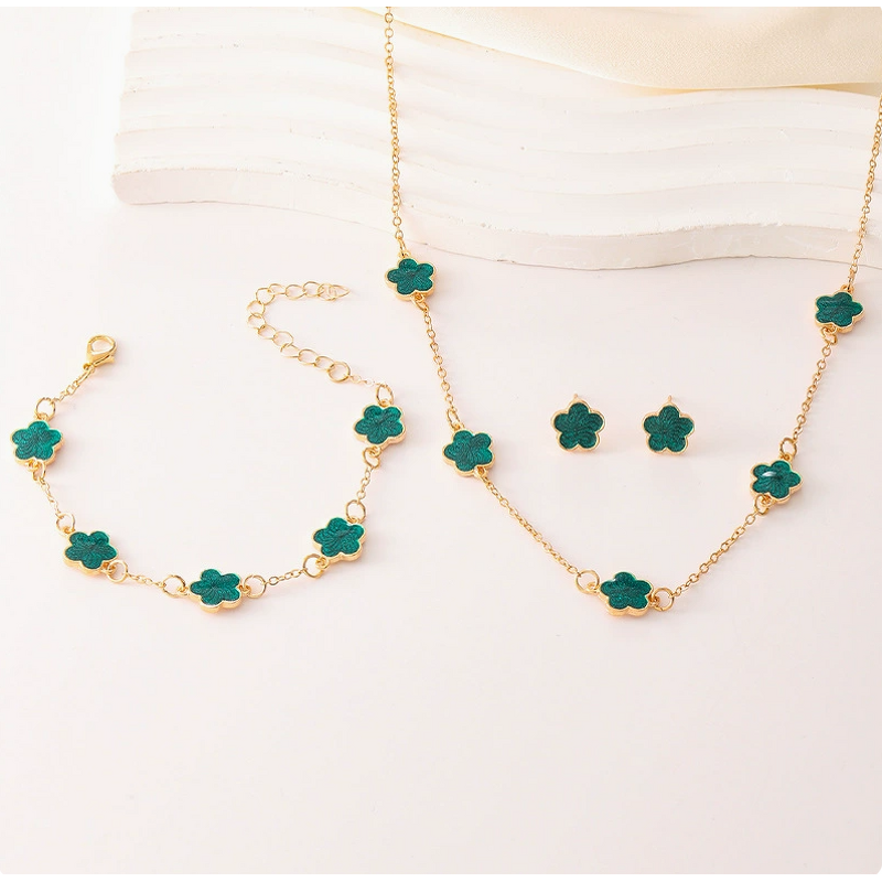 Five-Leaf Grass Jewelry Set - Manufacturer - Lucky Flower 3-Piece Necklace Bracelet Earrings Party Gift