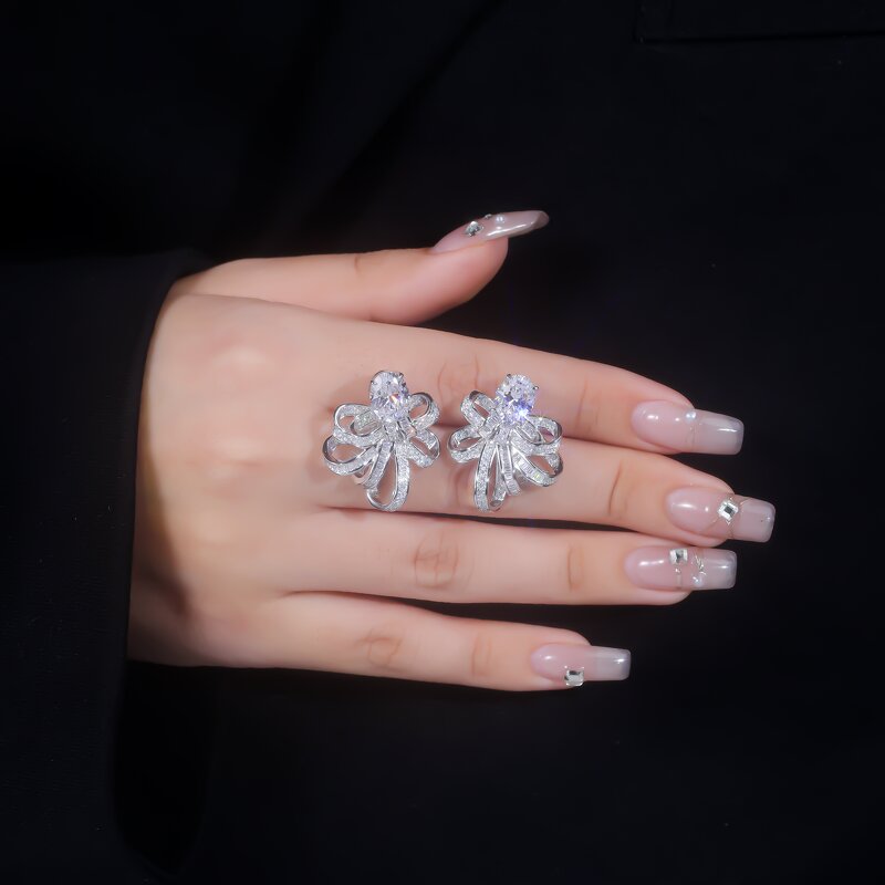 Lab Diamond Jewelry Set - Manufacturer - AKICE 1CT Emerald Cut 925 Silver Bowknot Pendant Earrings