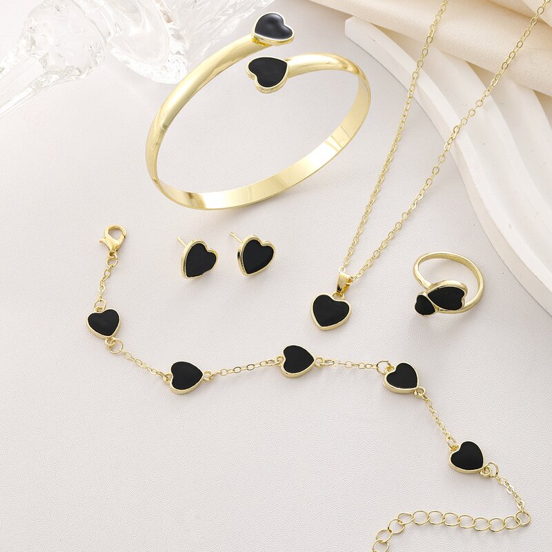 Double Heart Jewelry Set - Manufacturer - Gold Plated Alloy Earrings Necklace Bracelet Punk Wedding