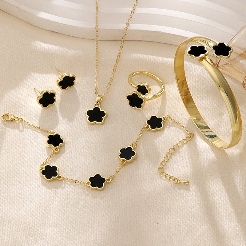 Clover Jewelry Set - Manufacturer - Vintage Gold-Plated Alloy Acrylic Bracelet Necklace Ring Earrings