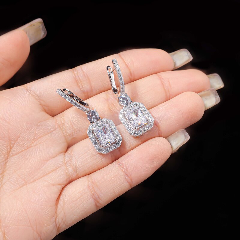 Lab Diamond Drop Earrings - Manufacturer - AKICE S925 2CT Radiant White Gold Hoop Style Dangle