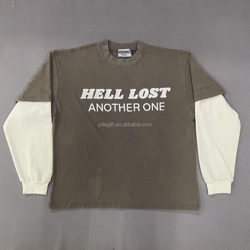 Men's Long Sleeve T-Shirt - Manufacturer - TS008 Waffle Knit Acid Washed Double Layer Letter Custom