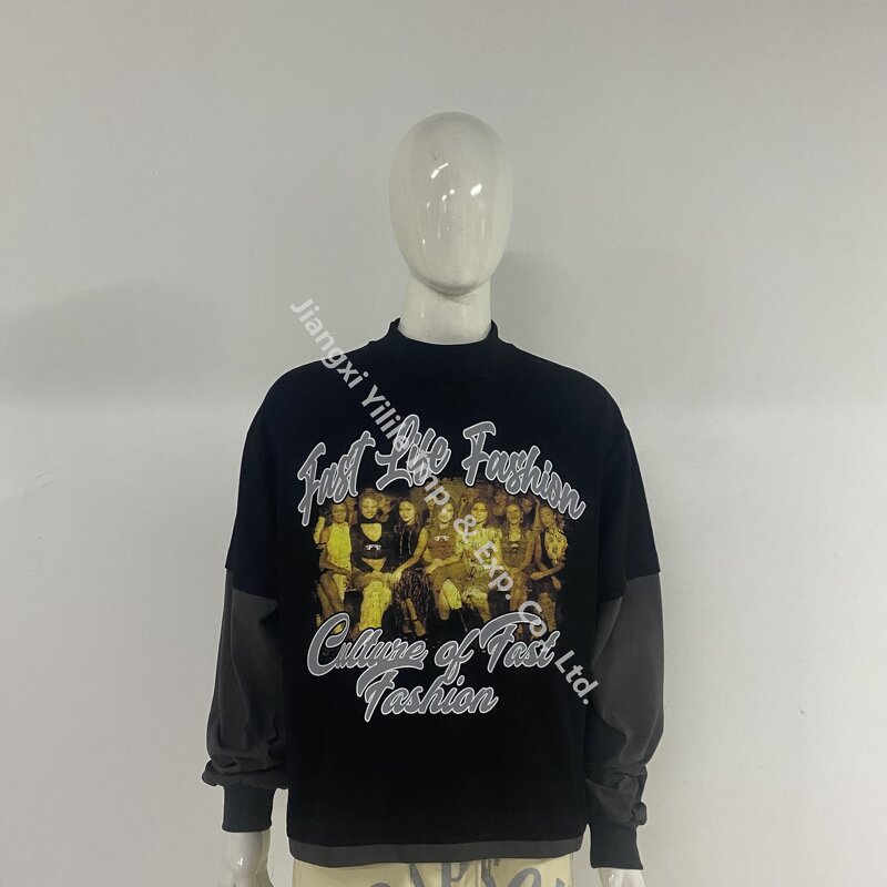 Unisex t Shirt - Manufacturer - TS2965 Double Layer Patchwork Acid Wash Cotton Oversized Print