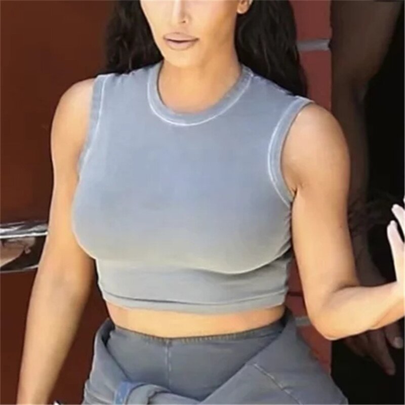 Women's Crop Tops - Manufacturer - TK523 Screen Print Lace Trim Sleeveless Round Neck Racerback