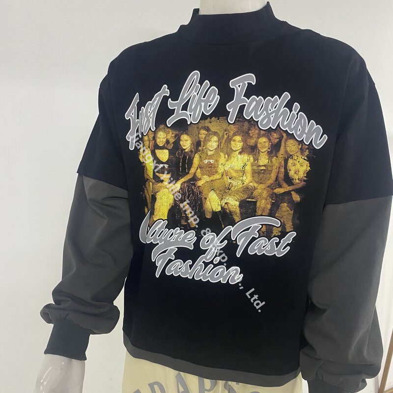 Unisex t Shirt - Manufacturer - TS2965 Double Layer Patchwork Acid Wash Cotton Oversized Print