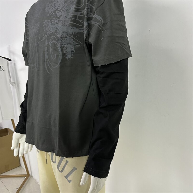 Unisex Long Sleeve Tee - Manufacturer - TS1879 2 in 1 Double Layer Cotton DTG Print Oversized