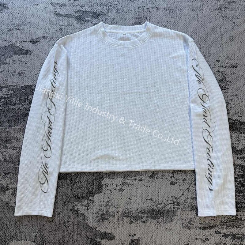 Men's Long Sleeve T-Shirt - Manufacturer - TS3741 Waffle Knit Vintage White Digital Print Oversized