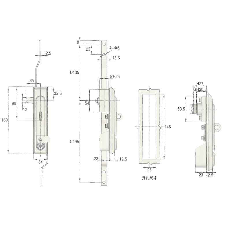 3-Point Swing Lock - Manufacturer - MS834 Zinc Alloy Plane Cabinet Push Button Rod Control