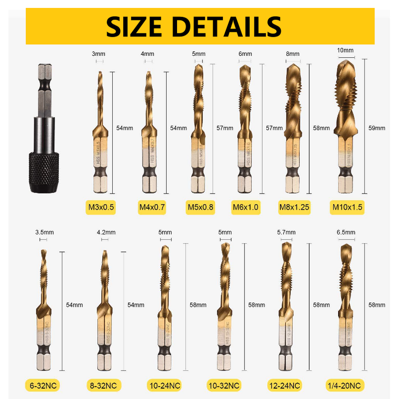 Screw Tapping Bit Tool Manufacturer - 3-in-1 Titanium Coated with Quick-Change Adapter 13 PCS UNC Metric