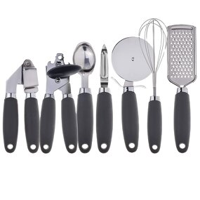Kitchen Gadget Set Manufacturer - Hot Selling 7 Pc Stainless Steel Utensils with Soft Touch Black Handles