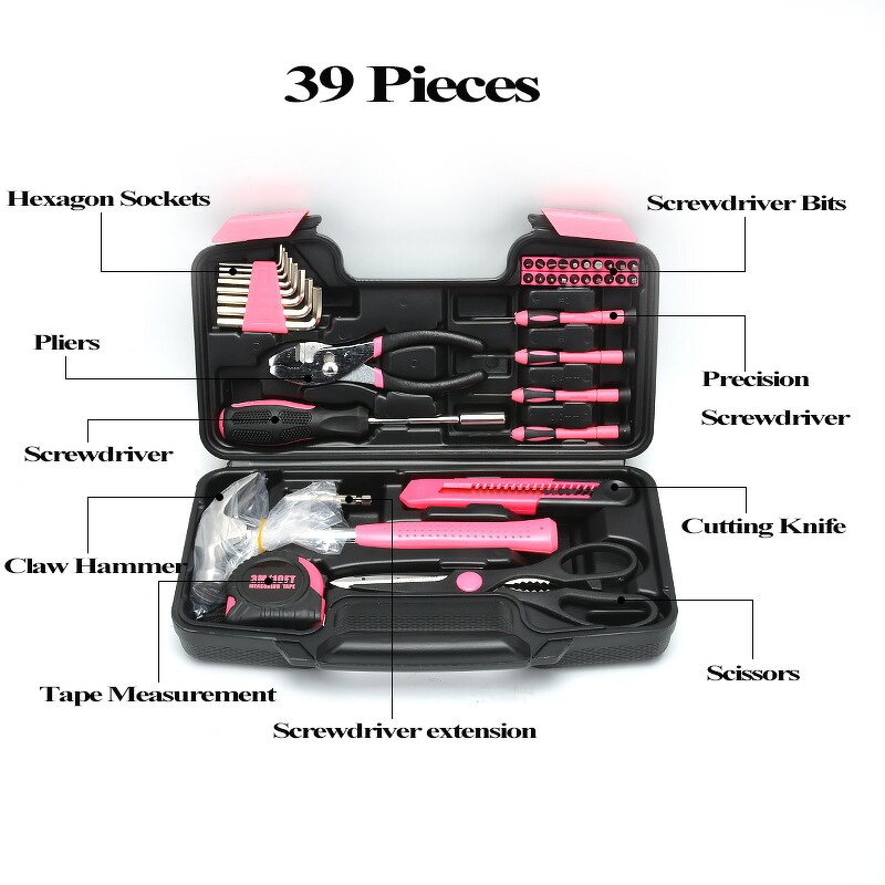 Tool Set Manufacturer - Pink 39-Piece Plastic Toolbox Storage Case General Household Hand Tool Kit