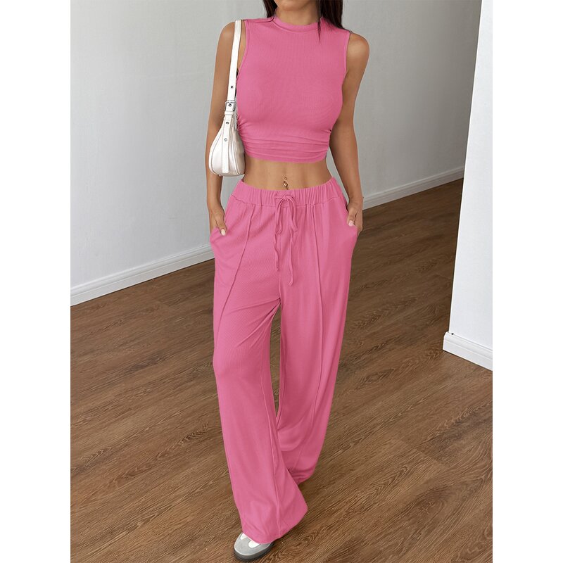 Women's Lounge Set - Manufacturer - Summer Mock Neck Wide Leg Crop Pants