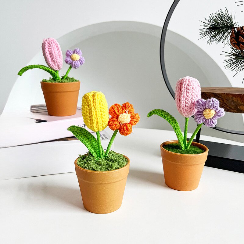 Crochet Rose Potted - Manufacturer - Mini Hand Woven Car Table Home Decoration