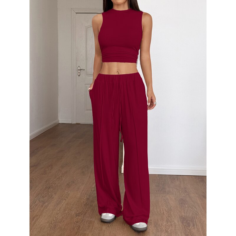 Women's Lounge Set - Manufacturer - Summer Mock Neck Wide Leg Crop Pants