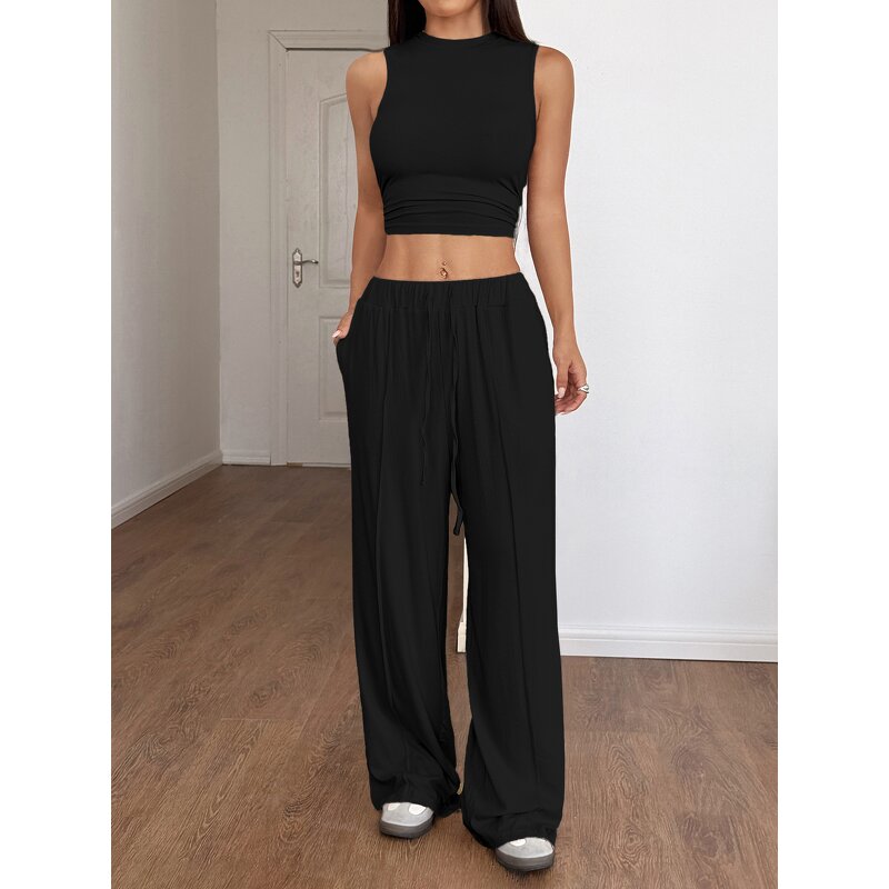 Women's Lounge Set - Manufacturer - Summer Mock Neck Wide Leg Crop Pants