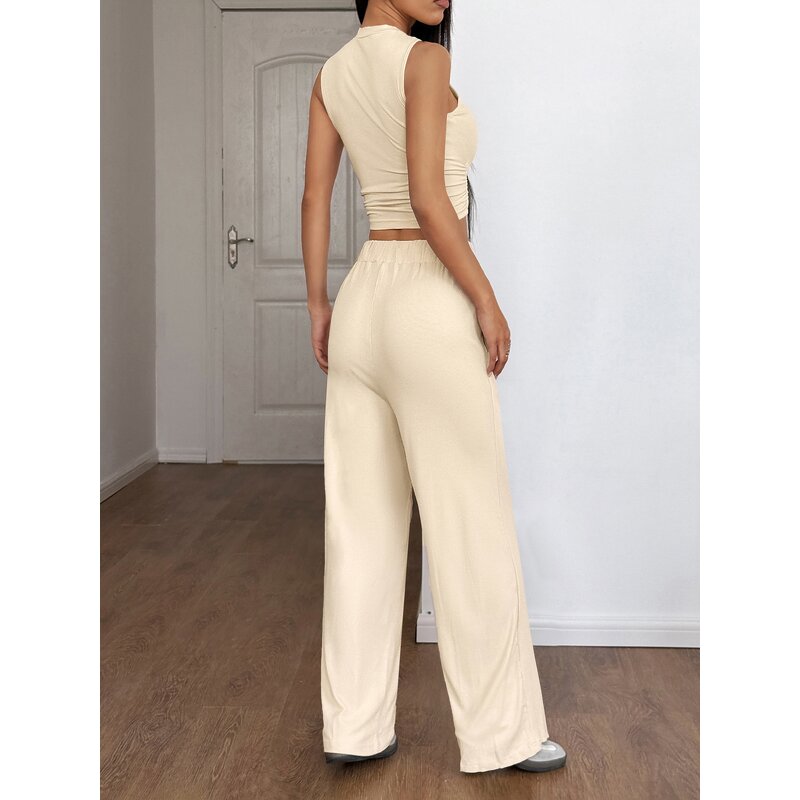 Women's Lounge Set - Manufacturer - Summer Mock Neck Wide Leg Crop Pants