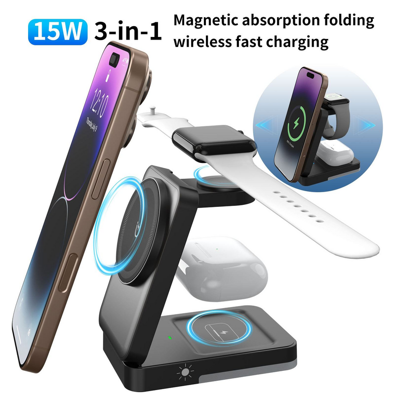 Wireless Charger Manufacturer - 3-in-1 15W Magnetic Foldable for Phone & Smart Watch