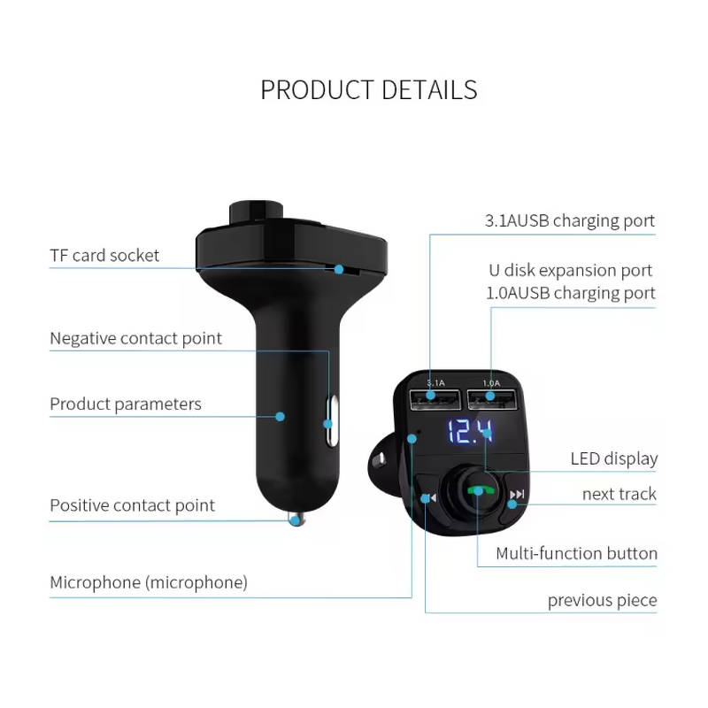 FM Transmitter Car Kit - Manufacturer - BT5.0 Dual USB Charger Handsfree Player X88