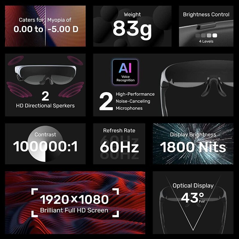 AR Smart Glasses Manufacturer - Rokid Air 1080P OLED Screen Dual Display 43FoV 55PPD Foldable Home Game Viewing Device