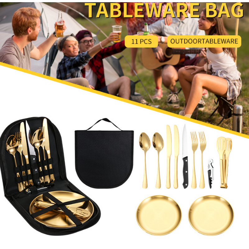 Cutlery Set Manufacturer - Outdoor Picnic Portable Bag Packing Gold with Spoon Fork Steak Knife Opener Plate