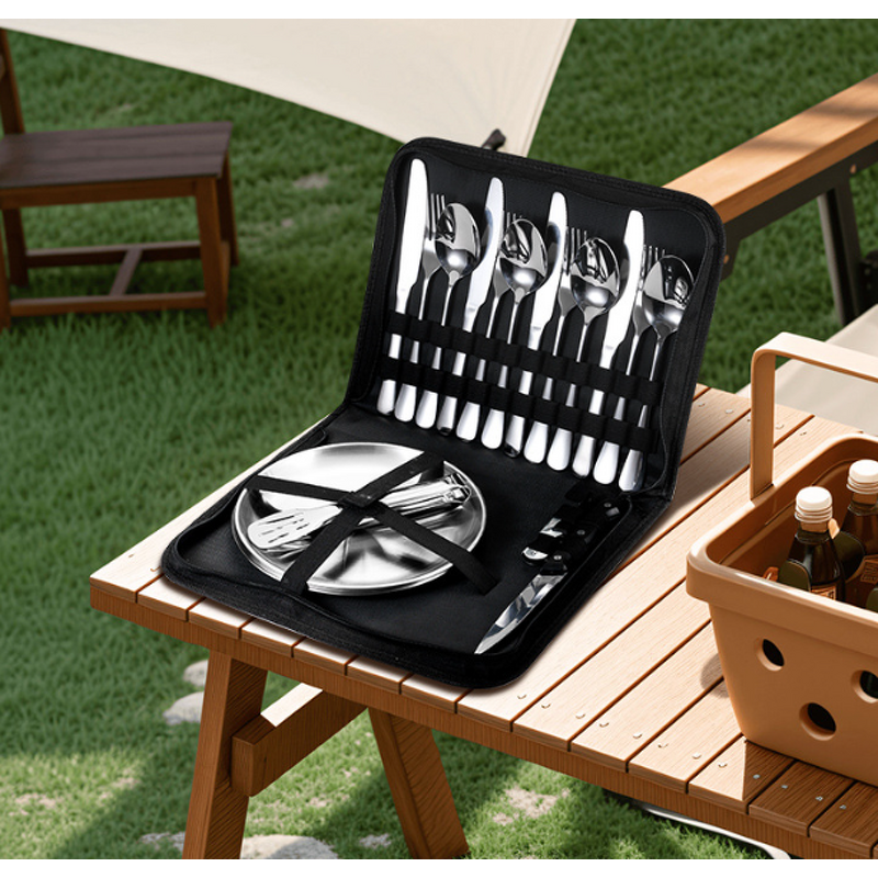 Cutlery Set Manufacturer - Outdoor Picnic Portable Bag Packing Gold with Spoon Fork Steak Knife Opener Plate