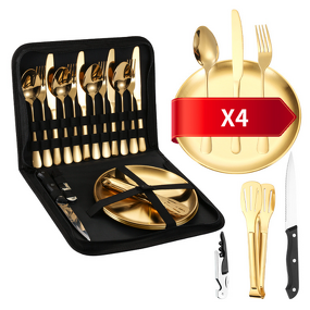 Cutlery Set Manufacturer - Outdoor Picnic Portable Bag Packing Gold with Spoon Fork Steak Knife Opener Plate