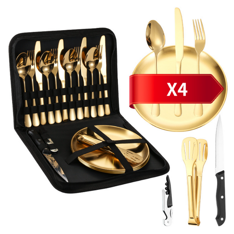Cutlery Set Manufacturer - Outdoor Picnic Portable Bag Packing Gold with Spoon Fork Steak Knife Opener Plate