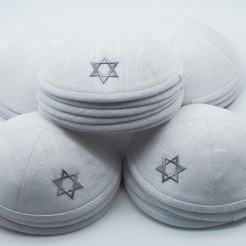 Kippah Manufacturer - White Linen Star of David Embroidery Custom Logo for Gift
