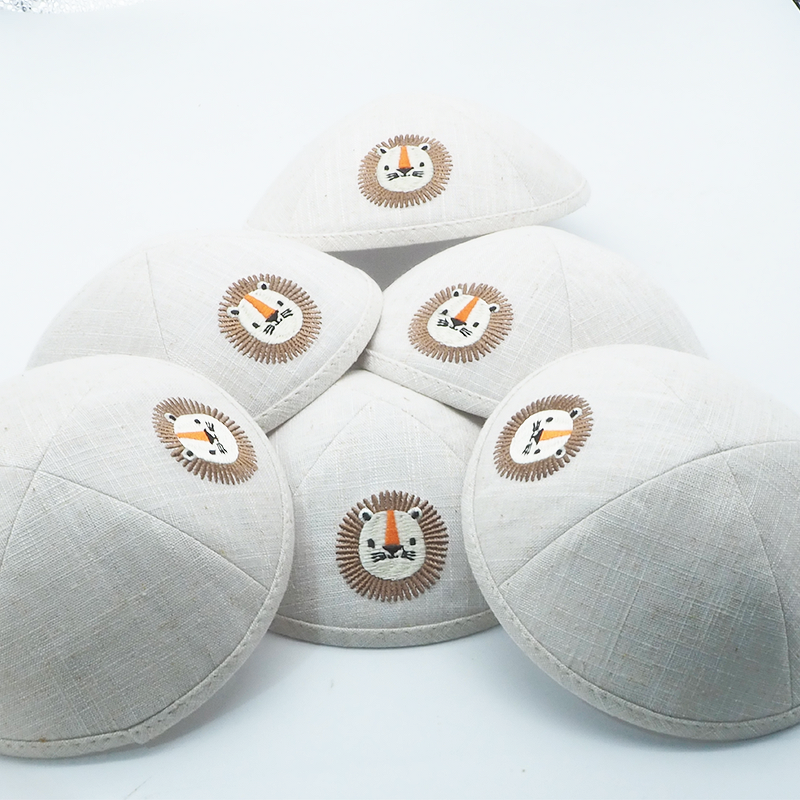 Kippah Manufacturer - White Linen Lion Embroidery for Bar Mitzvah Judaica Gift