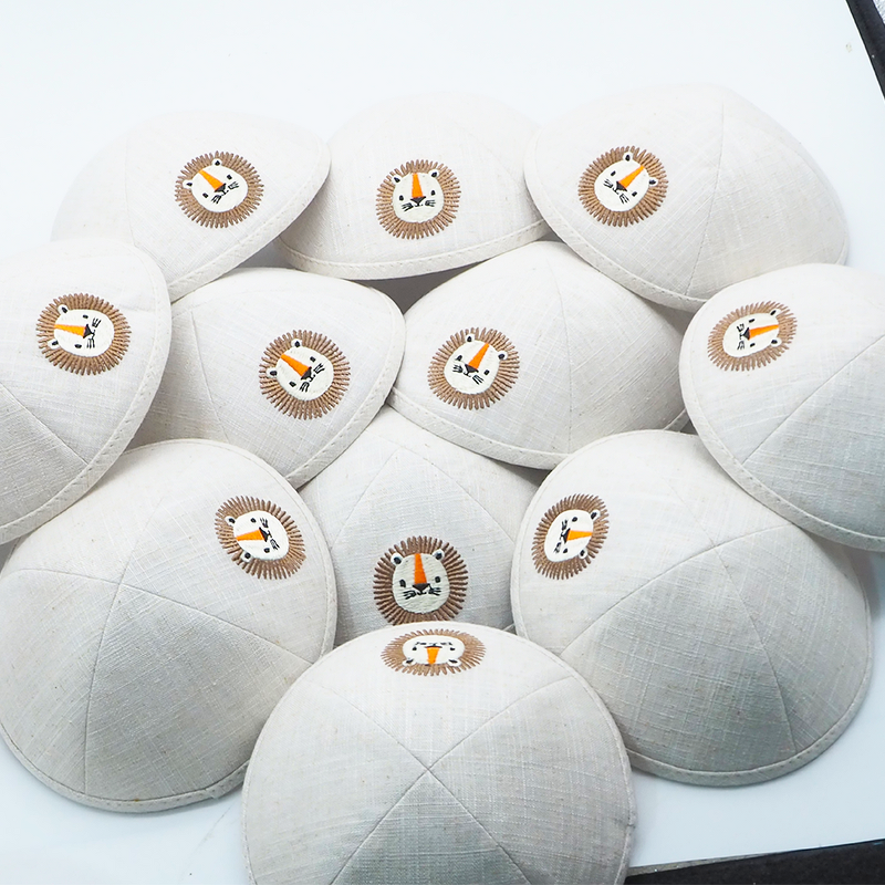 Kippah Manufacturer - White Linen Lion Embroidery for Bar Mitzvah Judaica Gift