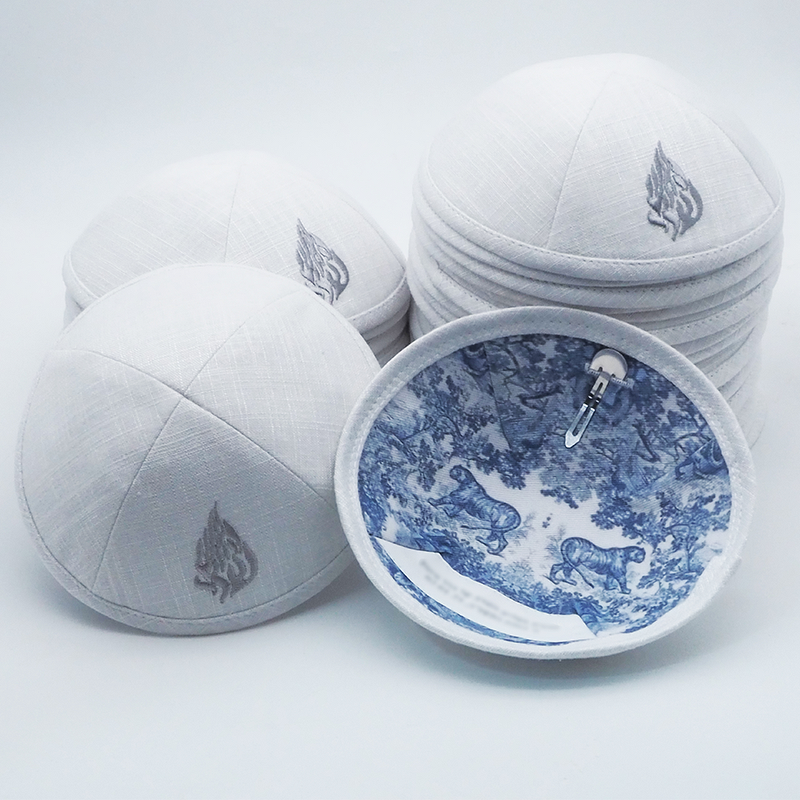 Kippah Manufacturer - Linen Flame Embroidery Custom Print Logo for Bar Mitzvah Gift