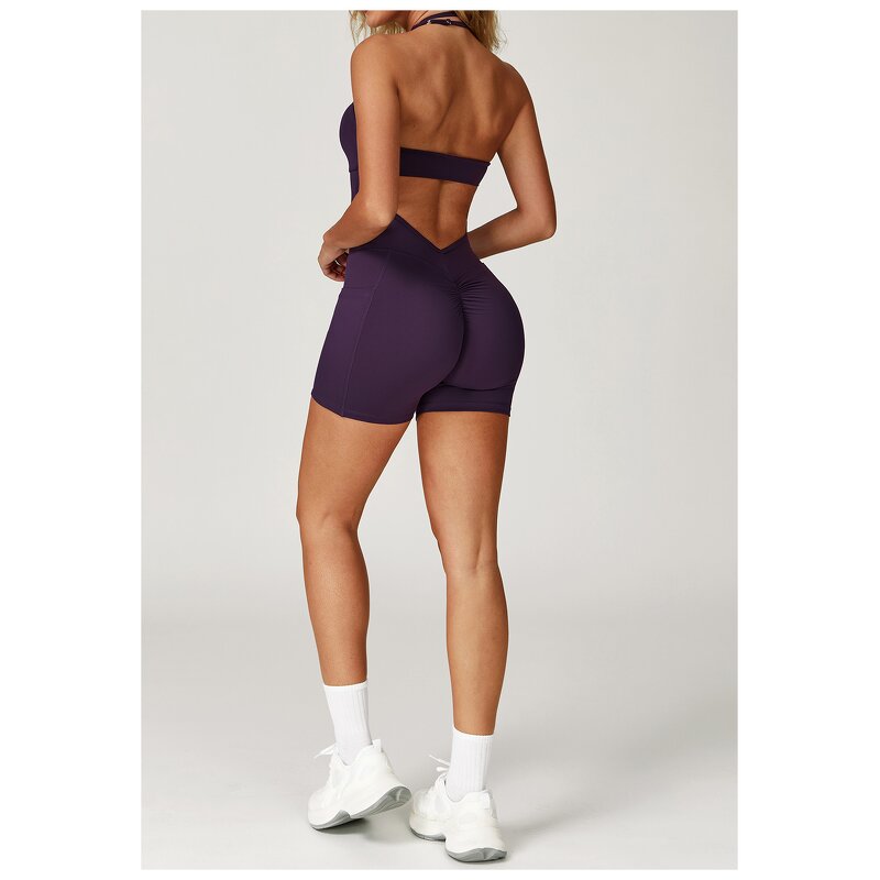 Yoga Jumpsuit Manufacturer - Custom Sportswear Hollow Beauty Back Hanging Neck Brushed