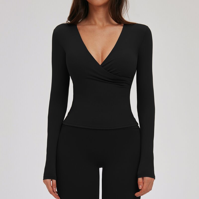 Yoga T-Shirt Manufacturer - Long Sleeve V-Neck with Waist Pleat & Removable Pads