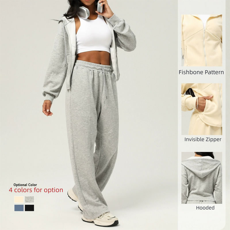 Sportswear Set Manufacturer - 260gsm Women's Loose Zipper Hooded Jacket 2-Piece