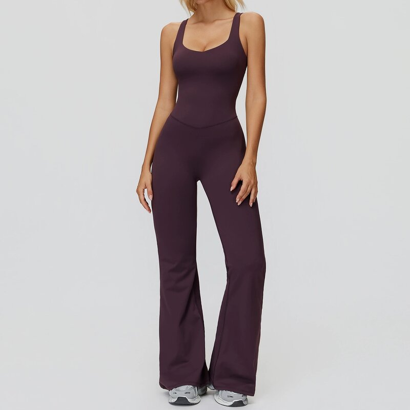 Yoga Bodysuit Manufacturer - Fitness Loungewear Casual Unitard Cross Back Wide-Leg Flared