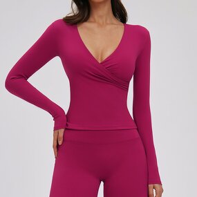 Yoga T-Shirt Manufacturer - Long Sleeve V-Neck with Waist Pleat & Removable Pads