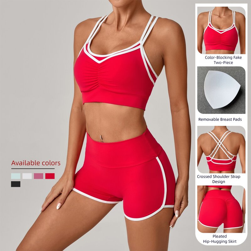Yoga Set Manufacturer - Women's 2-Piece Crossed Shoulder Strap Vest & High Waist Shorts