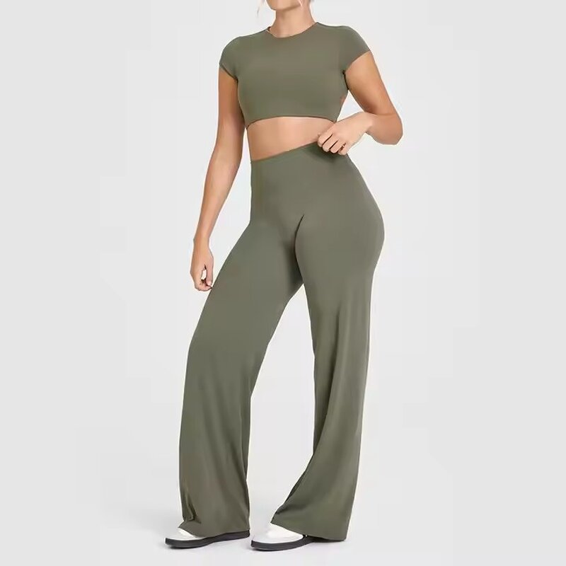 Activewear Set Manufacturer - Women's 2 Piece High Waist Flared Legging with Hollow Out Back Crop Top