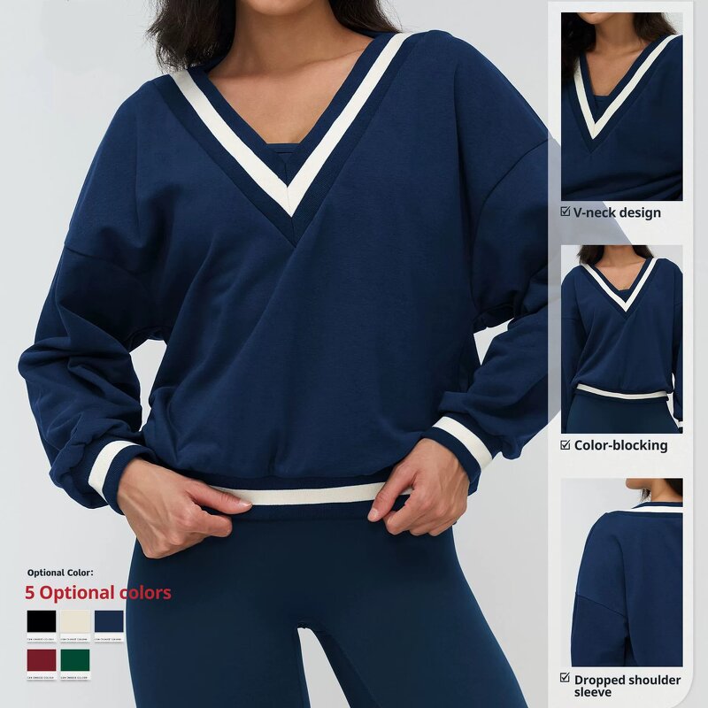 Fitness Top Manufacturer - Women's Casual Running V Neck Colour-Blocking Breathable Hoodies