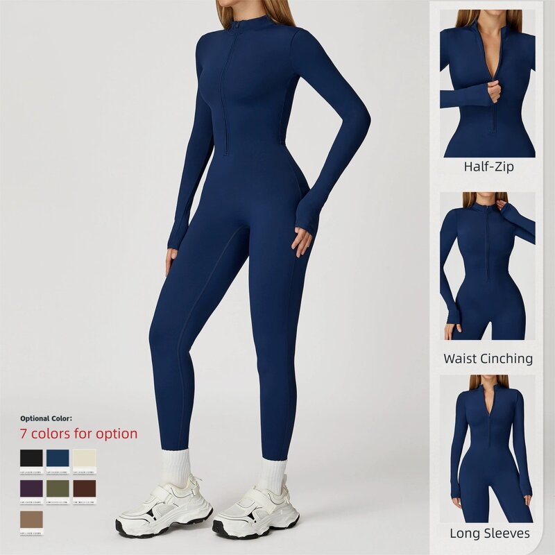 Yoga Bodysuit Manufacturer - Custom Logo Seamless Half-Zip Unitard Long Sleeve