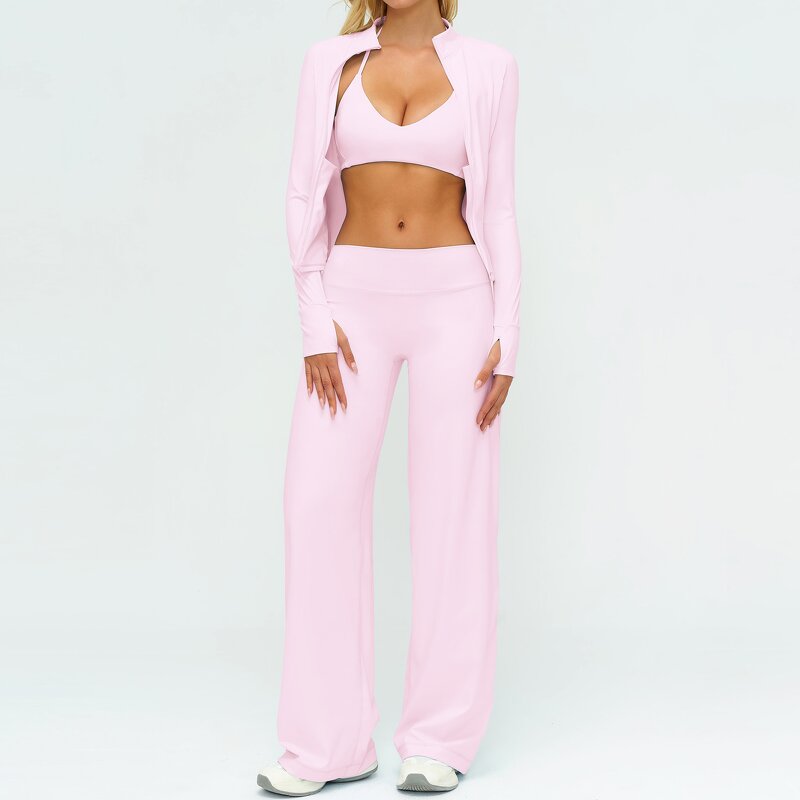 Yoga Set Manufacturer - Three-Piece with Low Waisted Wide-Legged Pants