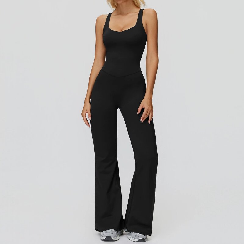Yoga Bodysuit Manufacturer - Fitness Loungewear Casual Unitard Cross Back Wide-Leg Flared