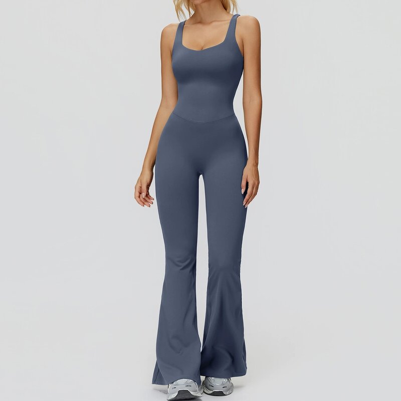 Yoga Bodysuit Manufacturer - Fitness Loungewear Casual Unitard Cross Back Wide-Leg Flared