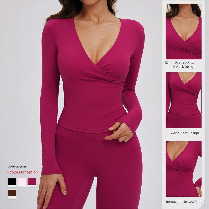 Yoga T-Shirt Manufacturer - Long Sleeve V-Neck with Waist Pleat & Removable Pads