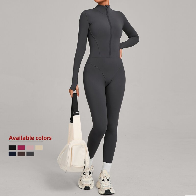 Gym Jumpsuit Manufacturer - Winter Warm Zip-Up One-Piece with Thumb Button Design
