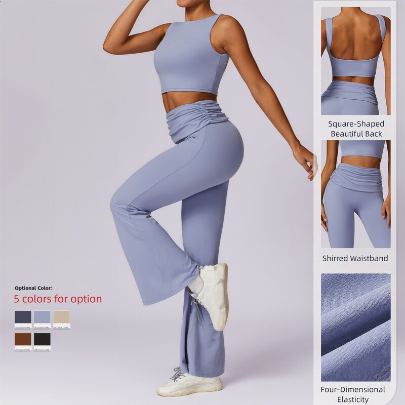 Sportswear Set Manufacturer - Strapless Vest & Foldable Waist Flared Pants Square Back