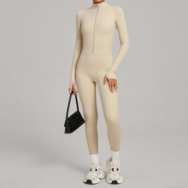 Gym Jumpsuit Manufacturer - Winter Warm Zip-Up One-Piece with Thumb Button Design
