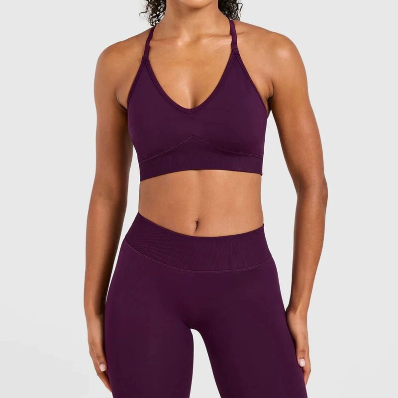 Sports Bra Manufacturer - Women Custom Logo Deep V Seamless with Adjusted Straps